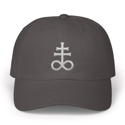Dark charcoal baseball cap featuring embroidered Leviathan Cross occult symbol.