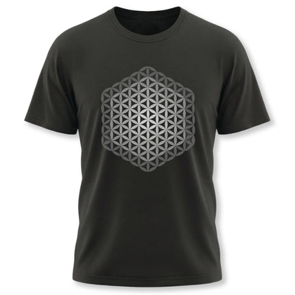 Black t-shirt featuring the intricate Flower of Life sacred geometry pattern.