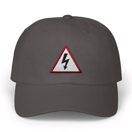 Dark grey baseball cap with embroidered red and white lightning bolt warning symbol.