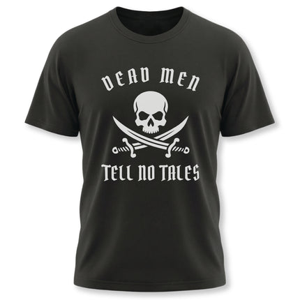 Dead Men Tell No Tales pirate skull graphic tee with crossed swords.