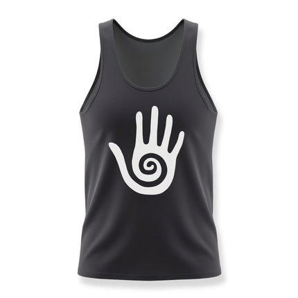 Black tank top with white Hopi healing hand and spiral graphic design.
