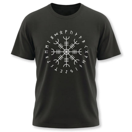 Viking runes and Aegishjalmur design on a black graphic t-shirt.
