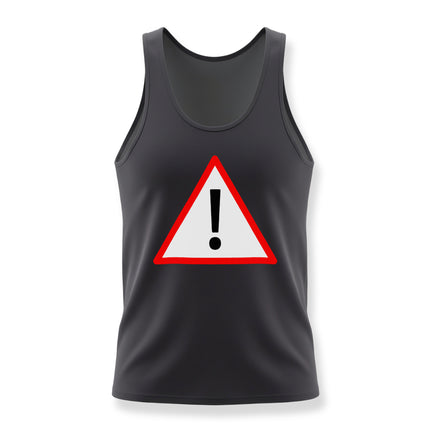 Black tank top featuring a red warning sign and white exclamation mark graphic.