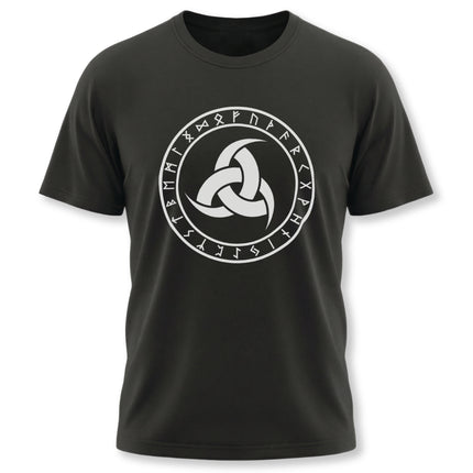 Norse rune circle t-shirt featuring Odin's triple horns and ancient Viking runes graphic.