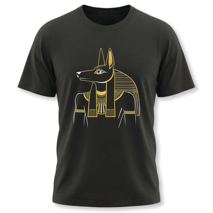 Anubis Egyptian god graphic on a black tee, featuring gold ancient Egypt art.