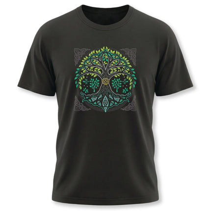 Celtic Tree of Life knotwork graphic on a black t-shirt. Yggdrasil design.