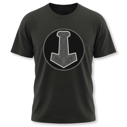 Black t-shirt featuring a Norse knotwork Mjolnir hammer graphic design.