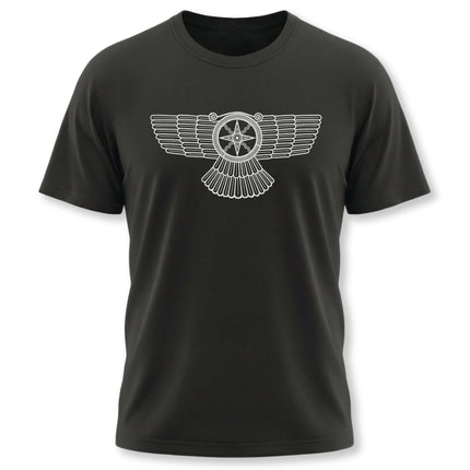 Black t-shirt featuring the winged Shamash sun symbol graphic, representing Mesopotamian mythology.