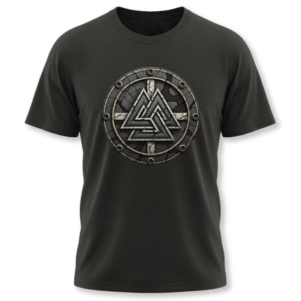 Black t-shirt featuring a circular Norse Valknut symbol graphic. Viking mythology tee.