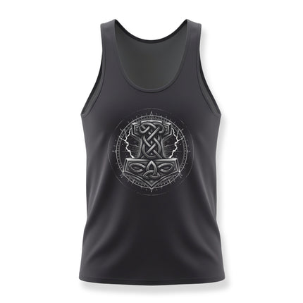 Black tank top with Norse knotwork design featuring Thor and Mjolnir.