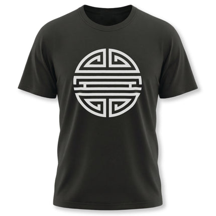 Black t-shirt featuring the white Chinese Shou symbol, representing longevity and good fortune.