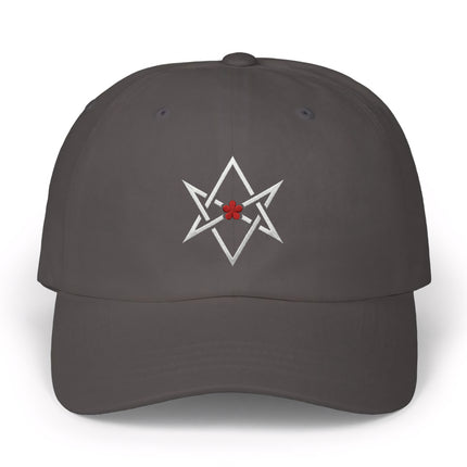Embroidered hexagram cap featuring the red star symbol of Thelema.