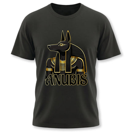 Gold Anubis Egyptian god graphic on a black t-shirt. Features a stylized jackal head design.