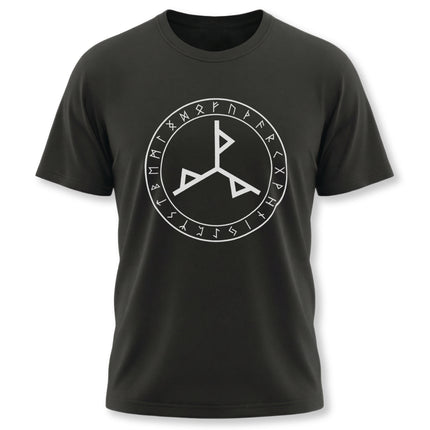 Black t-shirt featuring a circular design of Norse runes and a central bind rune sigil.