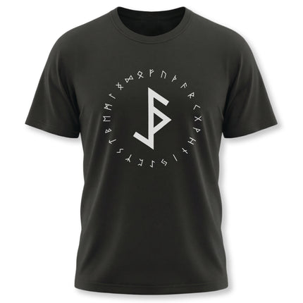 Black t-shirt featuring Norse runes and Viking Elder Futhark symbols for protection.