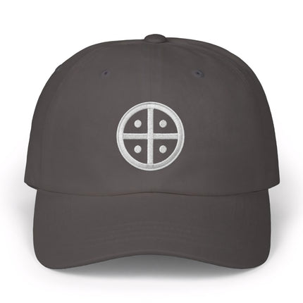 Dark gray baseball cap featuring an embroidered white solar cross symbol.