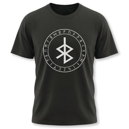 Black t-shirt featuring the Bind Rune and the complete Elder Futhark runic circle graphic.