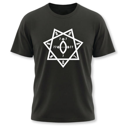 Star of Babalon occult symbol graphic tee on a black shirt. Thelema and esoteric design.