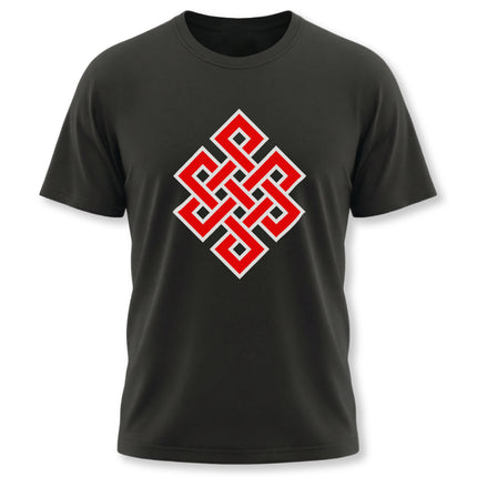 Black t-shirt featuring a red Endless Knot Buddhist symbol graphic, representing interconnectedness.