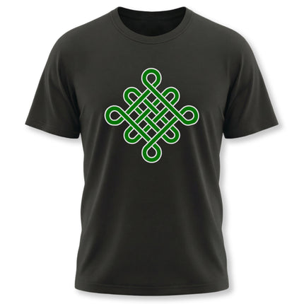 Green Celtic knotwork design on a black t-shirt, symbolizing eternity and endless life.