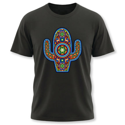 Colorful Huichol Mexican art cactus graphic tee on a black t-shirt.