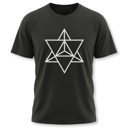 Black t-shirt featuring a white sacred geometry Merkaba symbol.