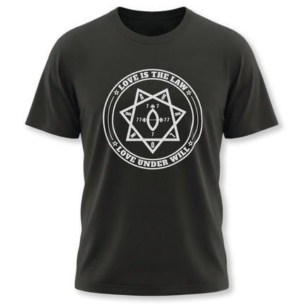 Love Is The Law Star of Babalon occult symbol graphic on a black t-shirt.
