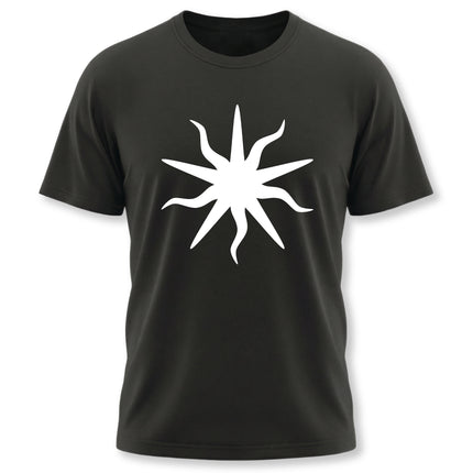 Stylized occult sun symbol on a black unisex graphic tee.