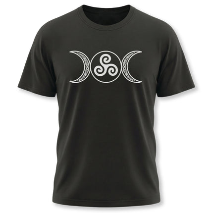 Triple Moon Goddess symbol with Celtic knot triskelion design on a black graphic tee.