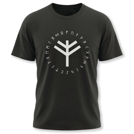 Black t-shirt featuring Norse runes, a bind rune, and the Elder Futhark alphabet.