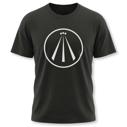 Black t-shirt featuring the white Awen Celtic symbol of divine inspiration.