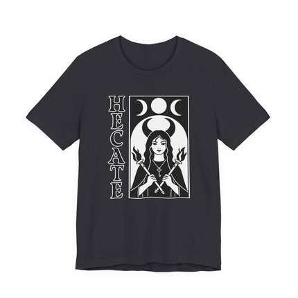Hecate goddess graphic tee featuring triple moons, torches, and pagan witchcraft symbols.