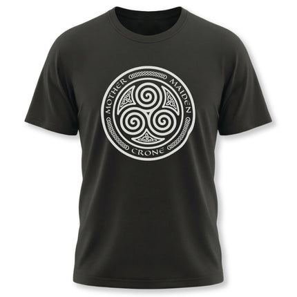 Mother Maiden Crone Celtic triskelion graphic tee shirt design.