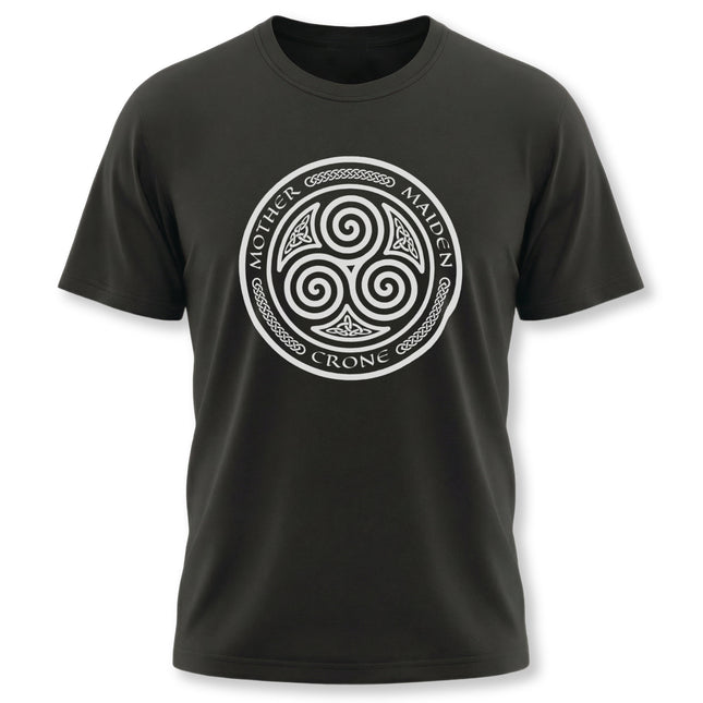 Mother Maiden Crone Celtic triskelion graphic tee shirt design.