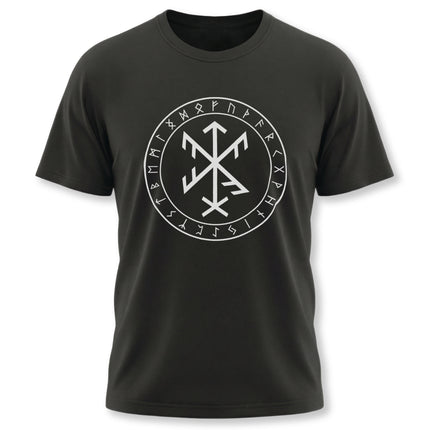 Norse bind rune success sigil graphic tee featuring Futhark runes on black shirt.