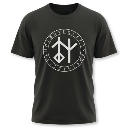 Black t-shirt with a white bind rune and surrounding Norse Futhark runes symbol.