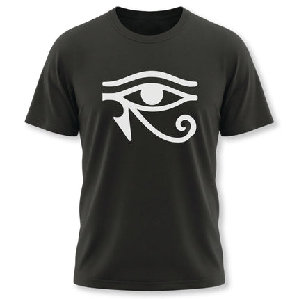 Black t-shirt featuring the white Eye of Horus Egyptian symbol graphic.