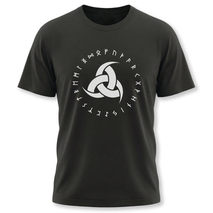 Graphic tee featuring Odin's triple horns and a circle of Norse runes.