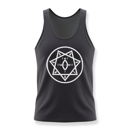 Black tank top featuring the white Star of Babalon heptagram occult symbol.