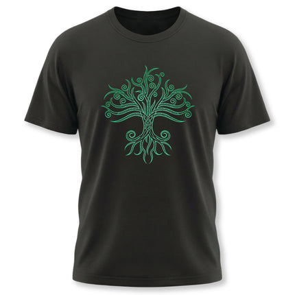 Black T-shirt featuring a green Celtic Tree of Life Yggdrasil graphic design.