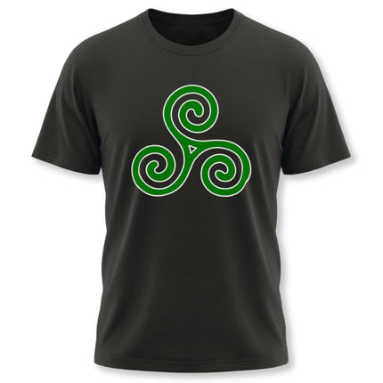 Black t-shirt featuring a green Celtic triskelion symbol. Triple spiral knotwork design.