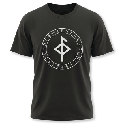 Black t-shirt with Norse bind rune sigil and Elder Futhark protective runes.
