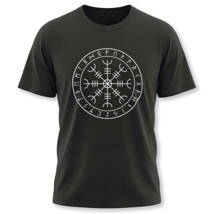 Norse runic circle graphic featuring the Aegishjalmur symbol on a black t-shirt.