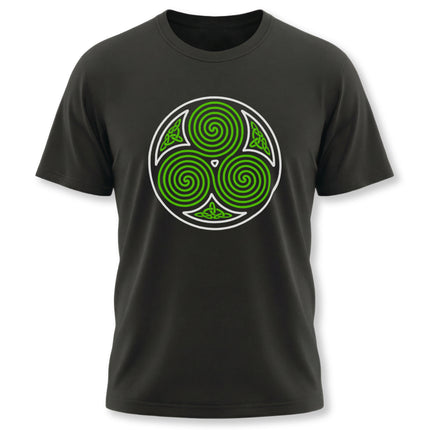 Celtic triskelion knotwork graphic tee with a green triple spiral design.