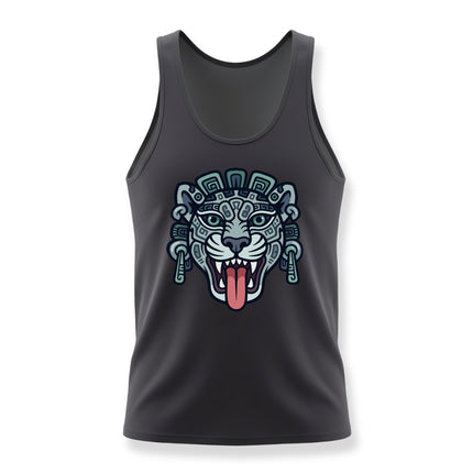 Stylized Mayan Jaguar head graphic on a black tank top, featuring ancient Mesoamerican tribal art.