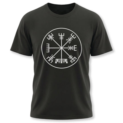 Norse Vegvisir rune circle graphic tee. White Viking compass symbol on black shirt.