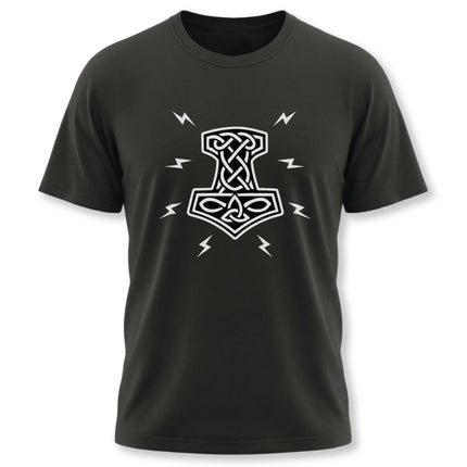 Norse Mjolnir knot graphic on a black tee, featuring lightning bolts and Viking mythology design.