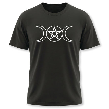 Triple moon and pentagram graphic tee for pagan and witchy apparel.