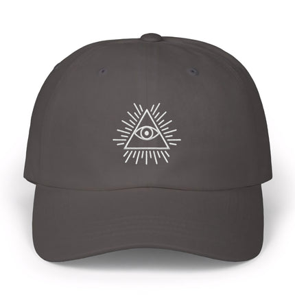 Embroidered All-Seeing Eye of Providence baseball cap in charcoal gray.