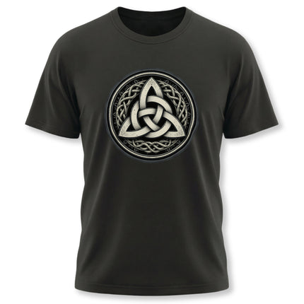 Celtic Triquetra knot graphic tee on a black t-shirt. Features intricate Celtic knotwork design.
